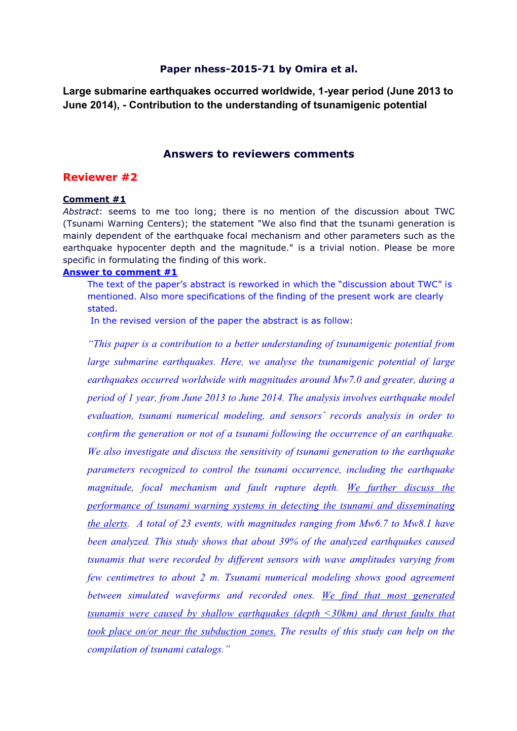 Large Submarine Earthquakes Occurred Worldwide, 1-Year Period (June 2013 to June 2014), - Contribution to the Understanding of Tsunamigenic Potential