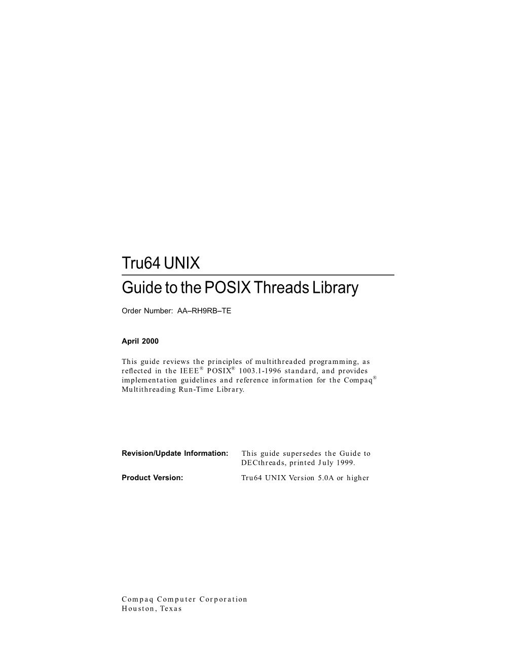 Tru64 UNIX Guide to the POSIX Threads Library