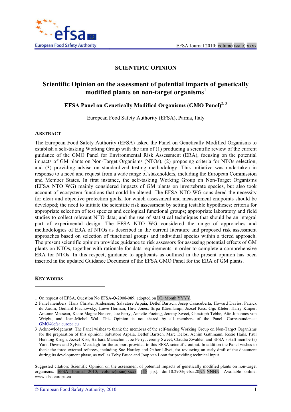 Scientific Opinion on the Assessment of Potential Impacts of Genetically Modified Plants on Non-Target Organisms1