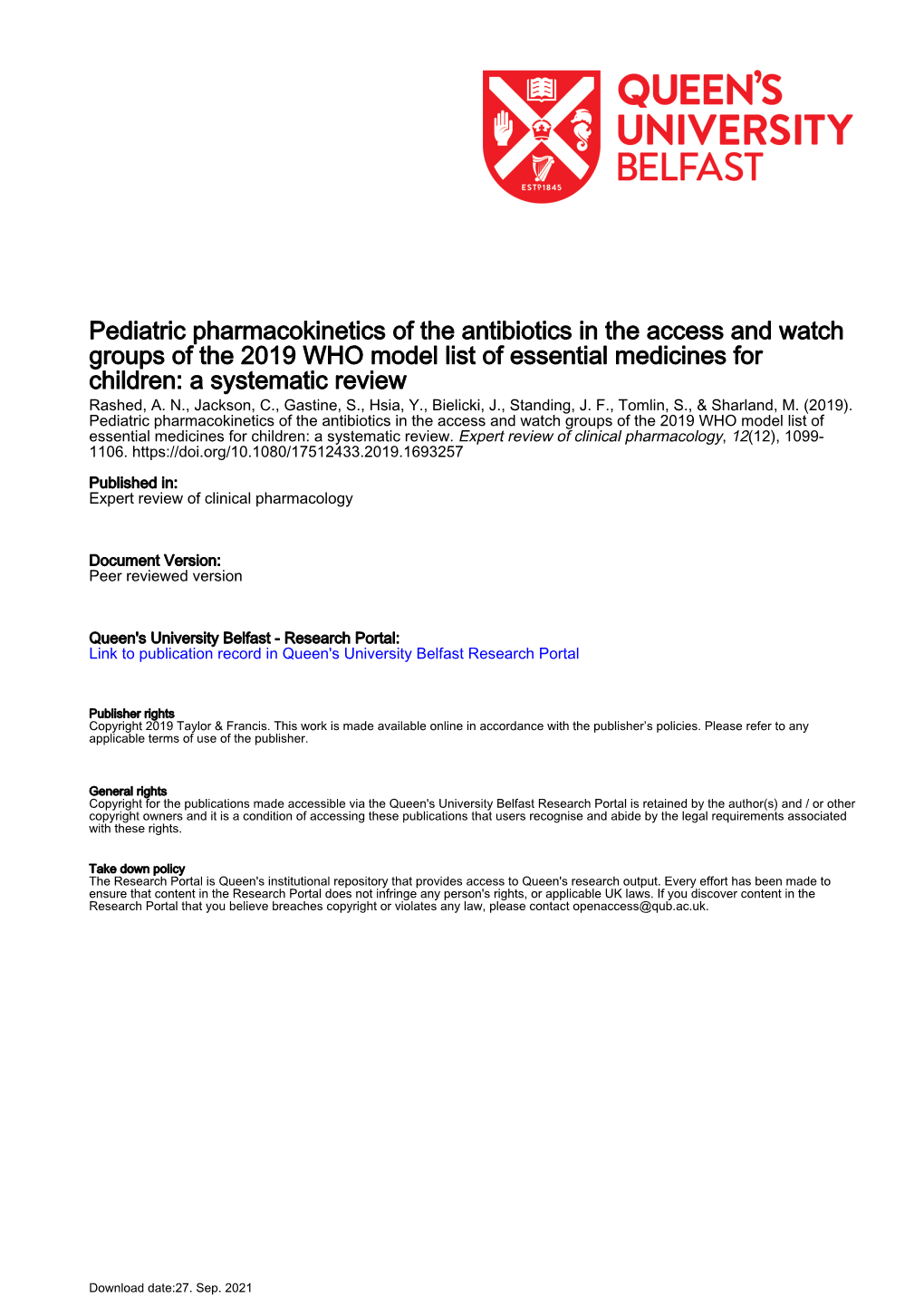 Pediatric Pharmacokinetics of the Antibiotics in the Access and Watch Groups of the 2019 WHO Model List of Essential Medicines F