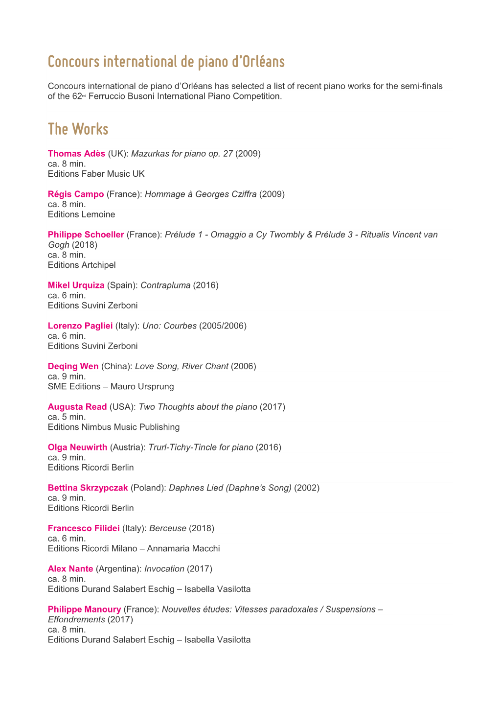 2019 List of Contemporary Works