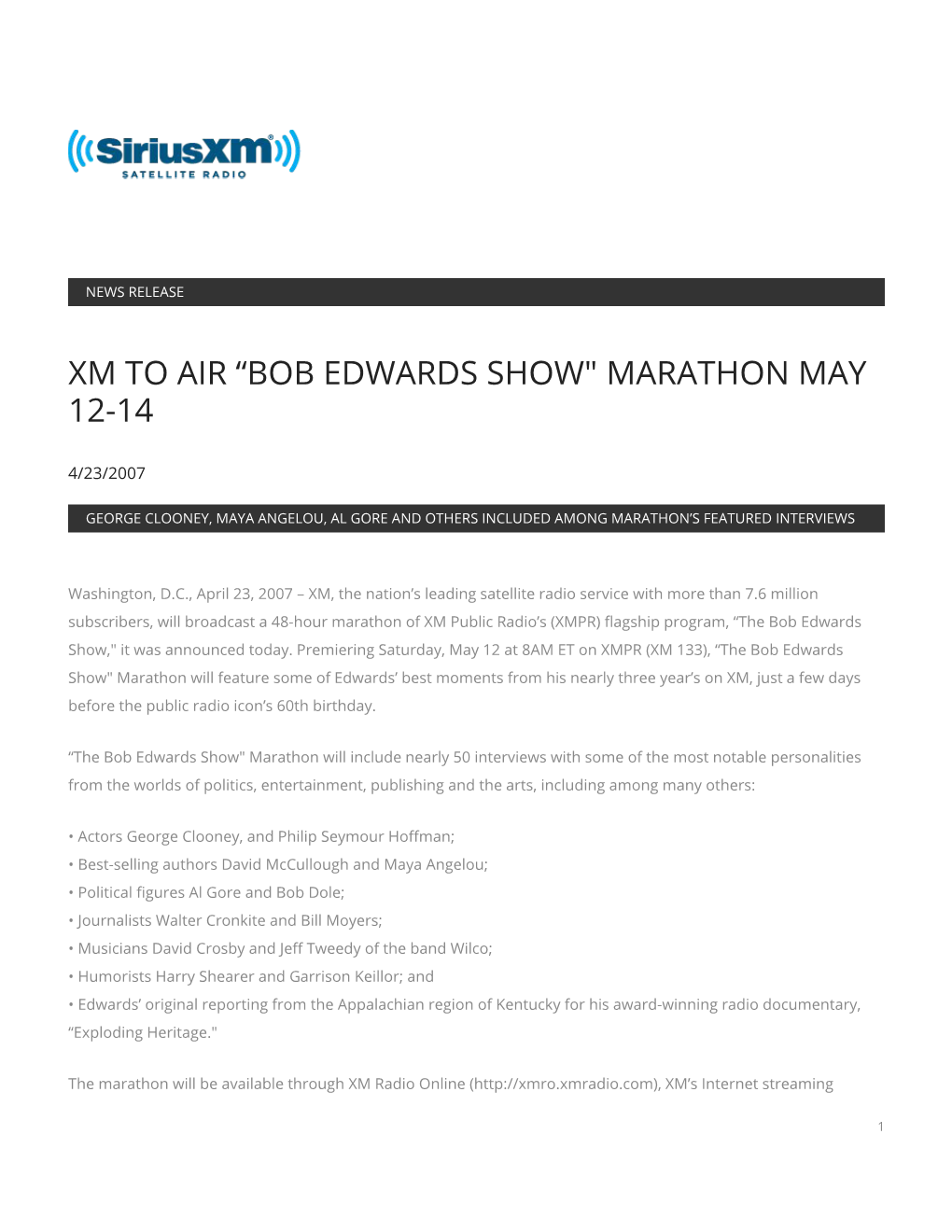 Xm to Air “Bob Edwards Show