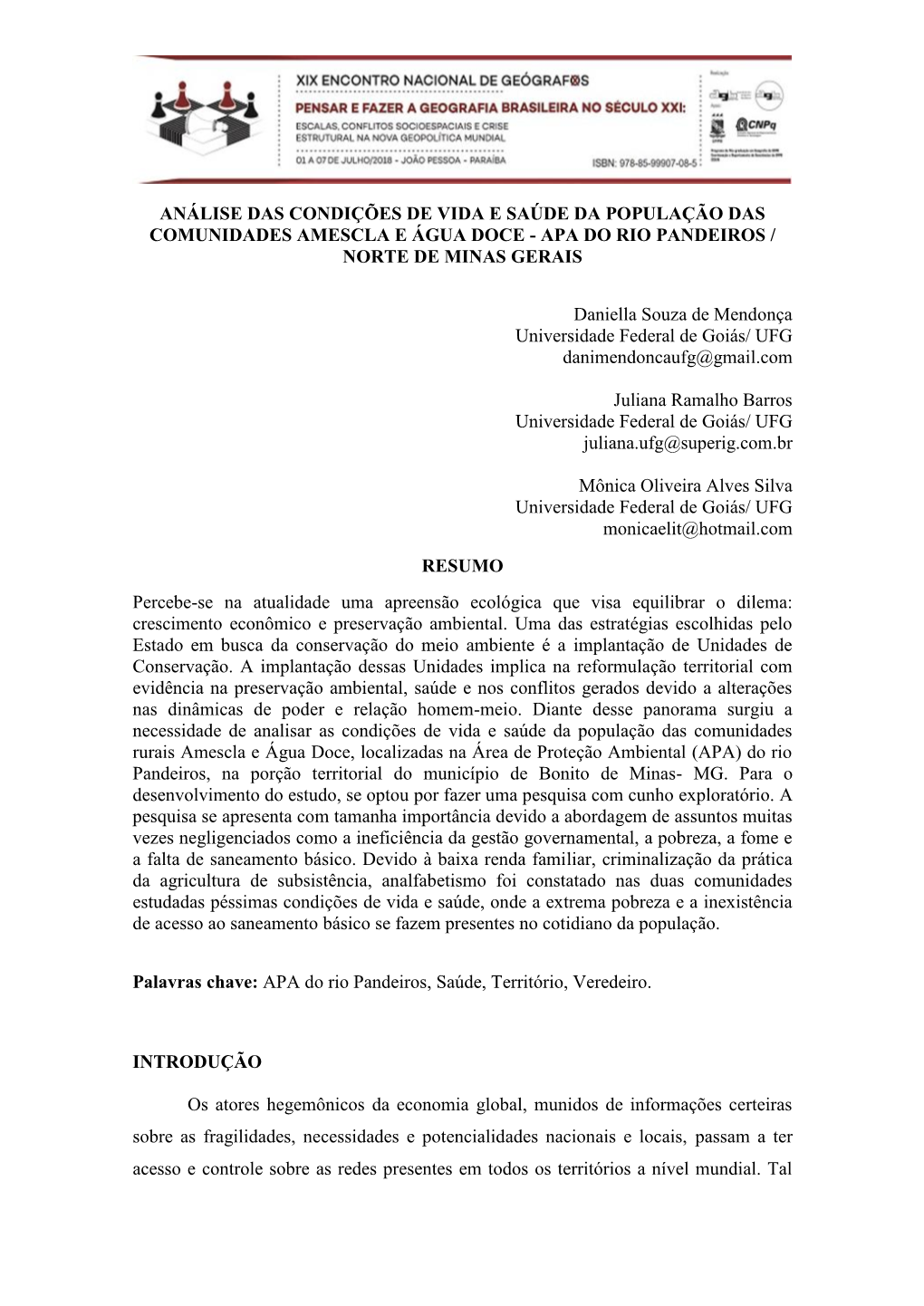 Análise Das Condições De Vida E Saúde Da População Das Comunidades Amescla E Água Doce - Apa Do Rio Pandeiros / Norte De Minas Gerais