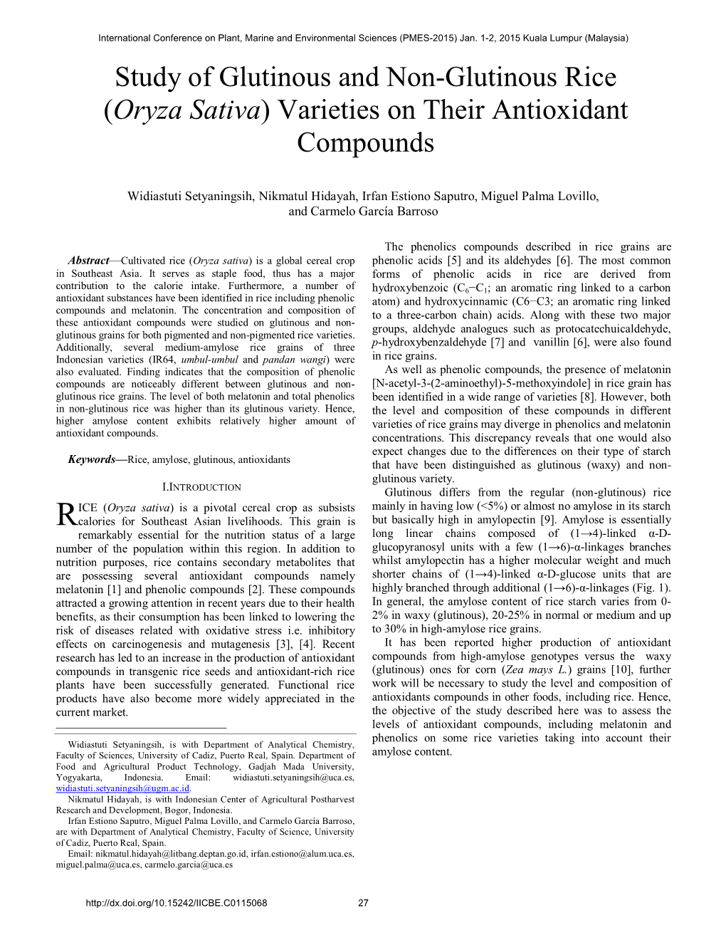 Study of Glutinous and Non-Glutinous Rice (Oryza Sativa) Varieties on Their Antioxidant Compounds