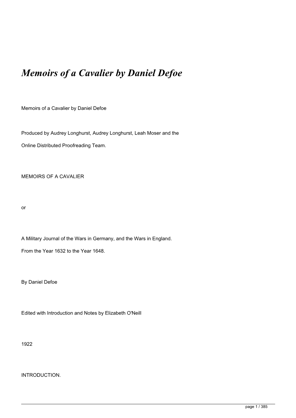 Memoirs of a Cavalier by Daniel Defoe</H1>