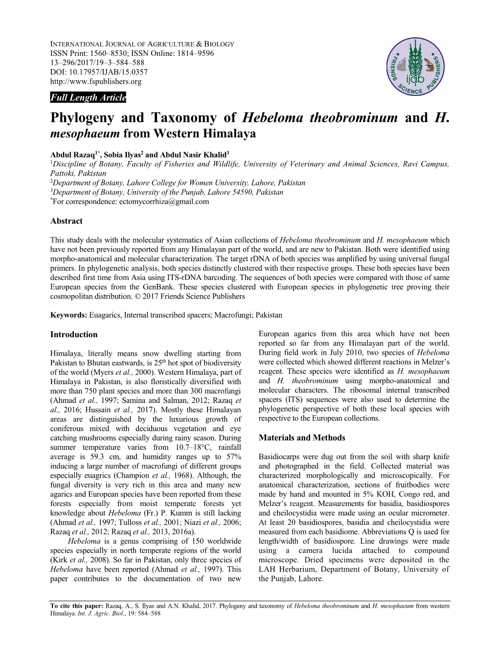 Phylogeny and Taxonomy of Hebeloma Theobrominum and H. Mesophaeum from Western Himalaya