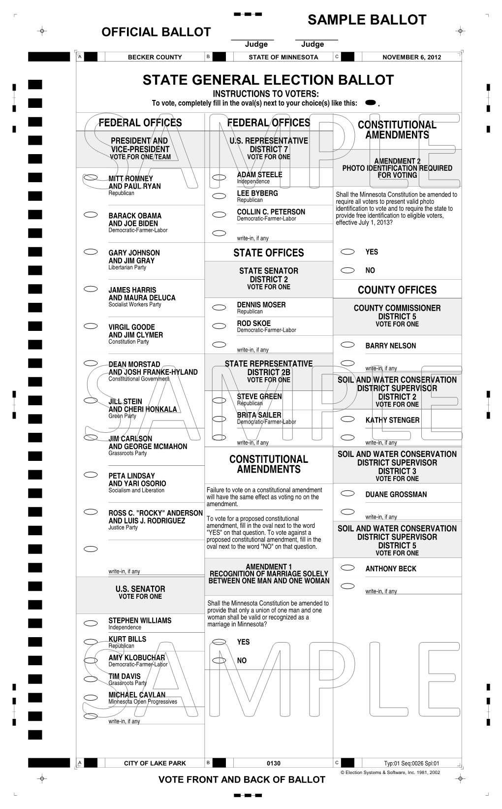 State General Election Ballot Sample Ballot