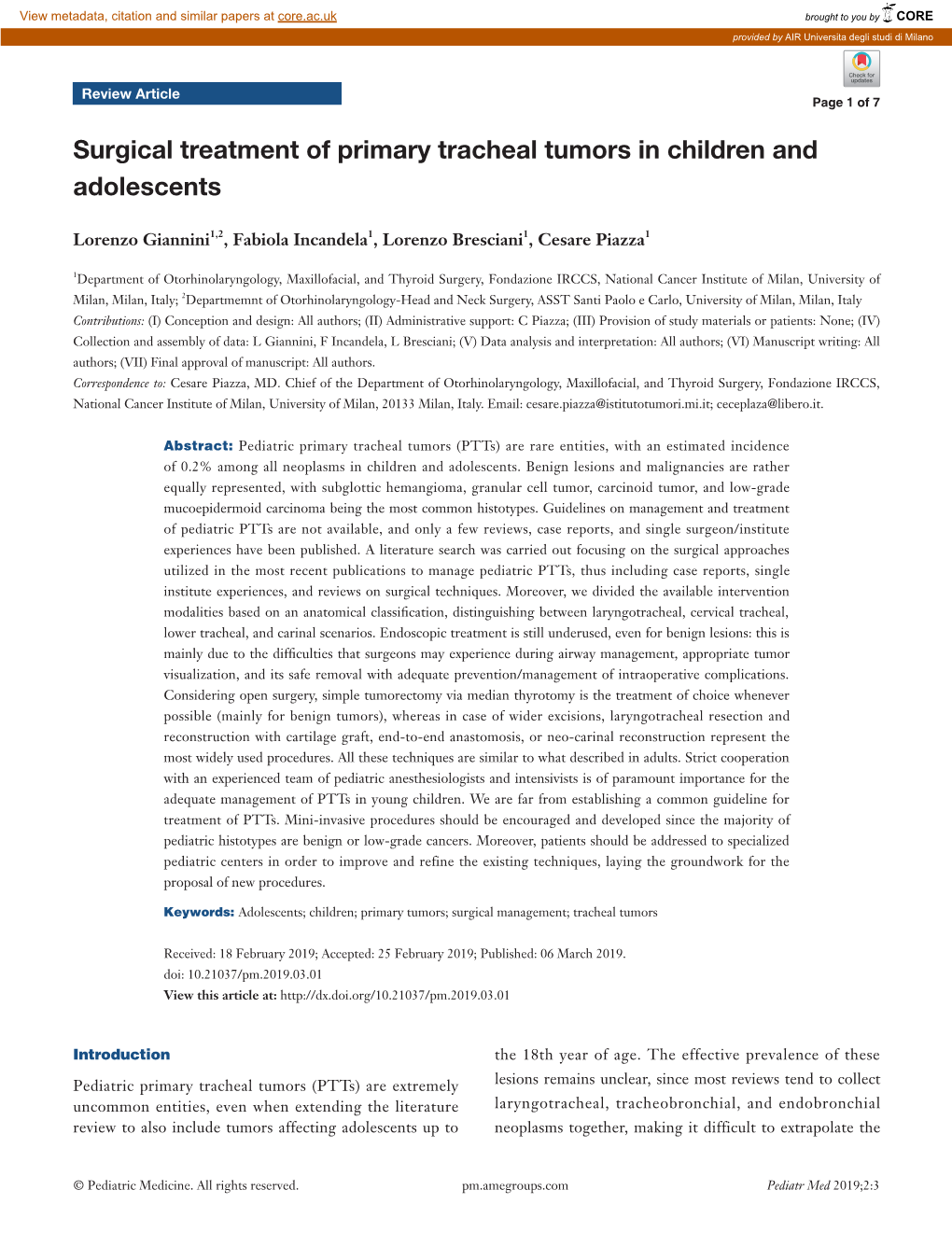 Surgical Treatment of Primary Tracheal Tumors in Children and Adolescents