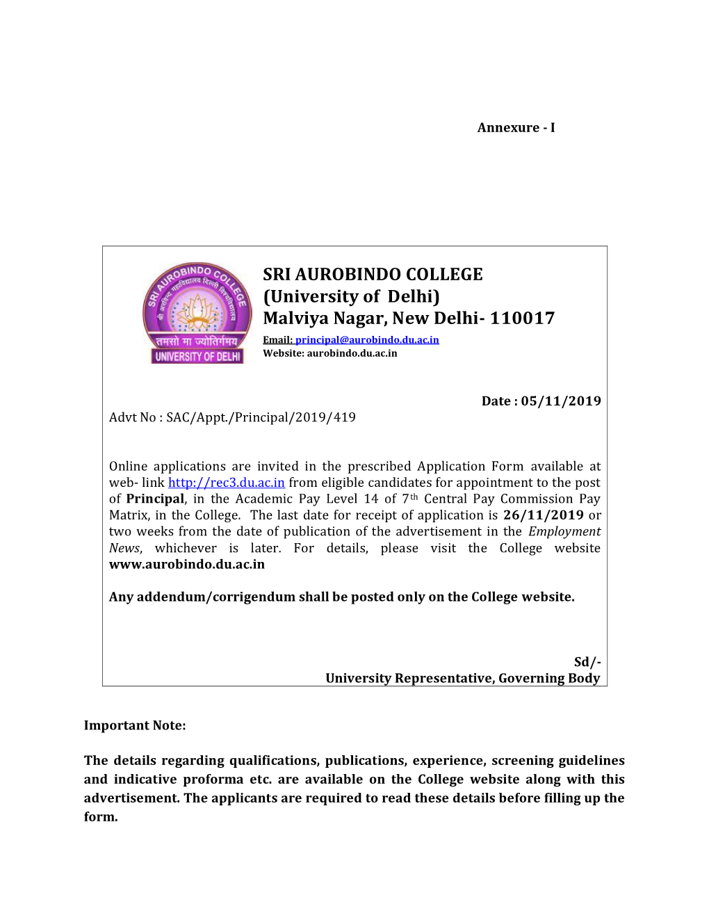 SRI AUROBINDO COLLEGE (University of Delhi) Malviya Nagar, New Delhi- 110017 Email: Principal@Aurobindo.Du.Ac.In Website: Aurobindo.Du.Ac.In