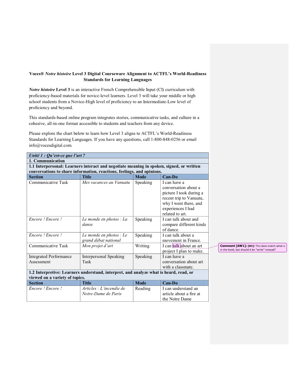 Voces® Notre Histoire Level 3 Digital Courseware Alignment to ACTFL's World-Readiness Standards for Learning Languages Notre