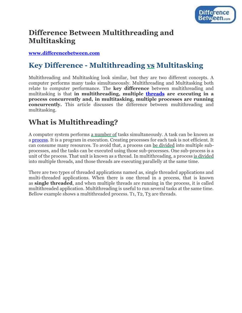 Difference Between Multithreading and Multitasking Key Difference