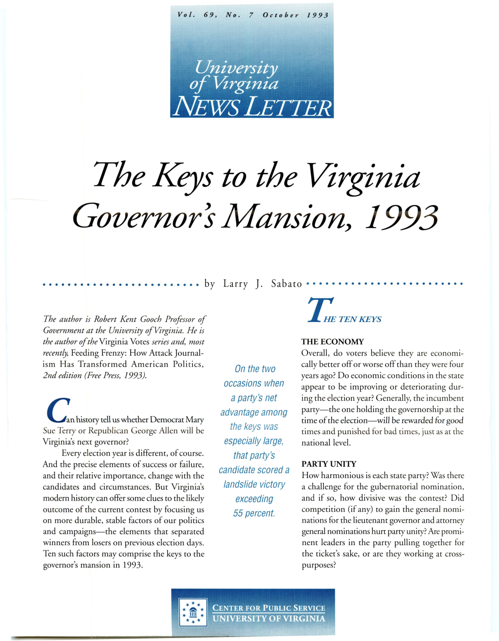 The Keys to the Virginia Governor'smansion, 1993