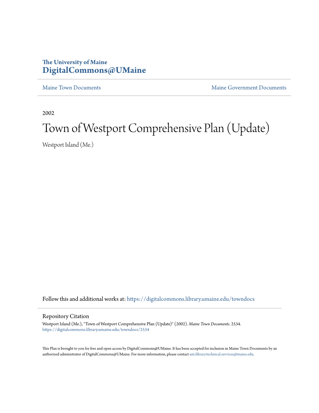 Town of Westport Comprehensive Plan (Update) Westport Island (Me.)