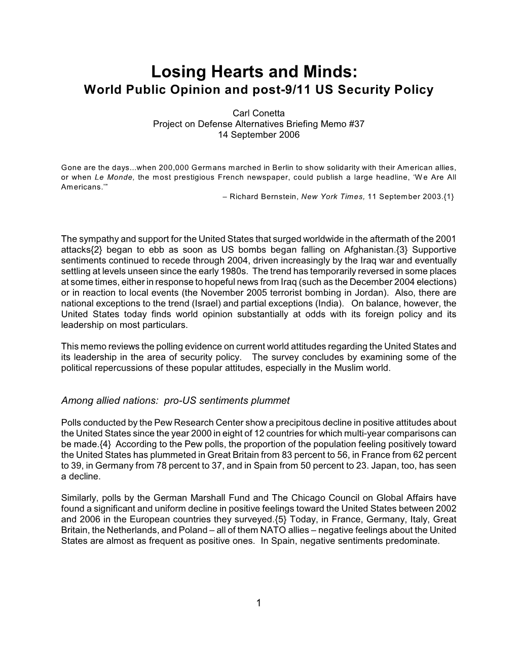 World Public Opinion and Post-9/11 US Security Policy