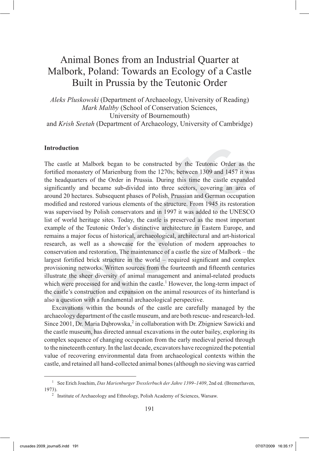 Animal Bones from an Industrial Quarter at Malbork, Poland: Towards an Ecology of a Castle Built in Prussia by the Teutonic Order