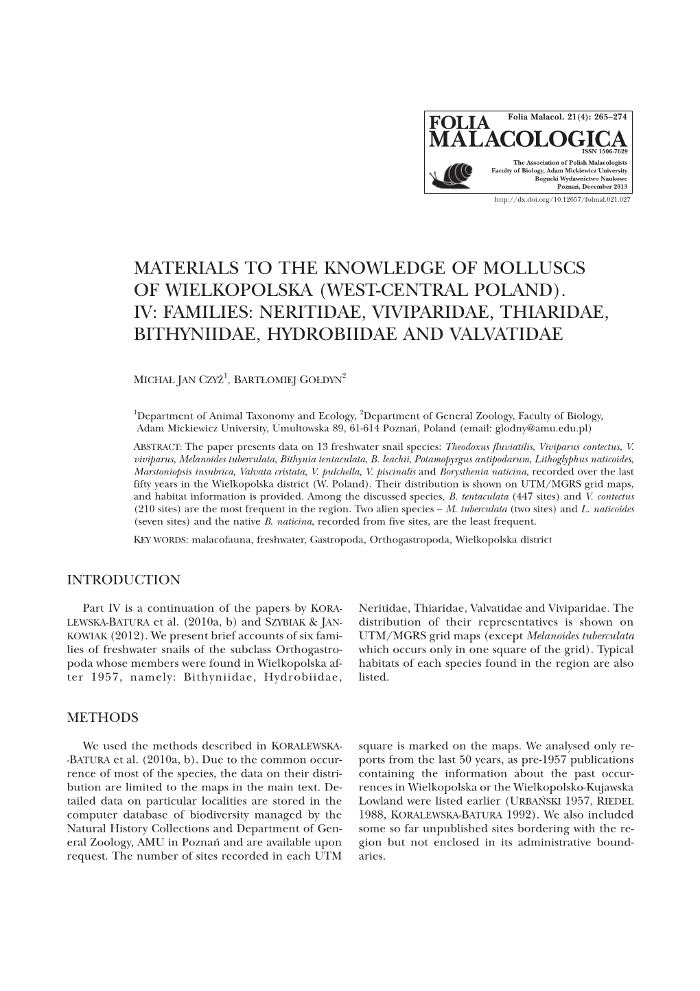 Materials to the Knowledge of Molluscs of Wielkopolska (West-Central Poland)