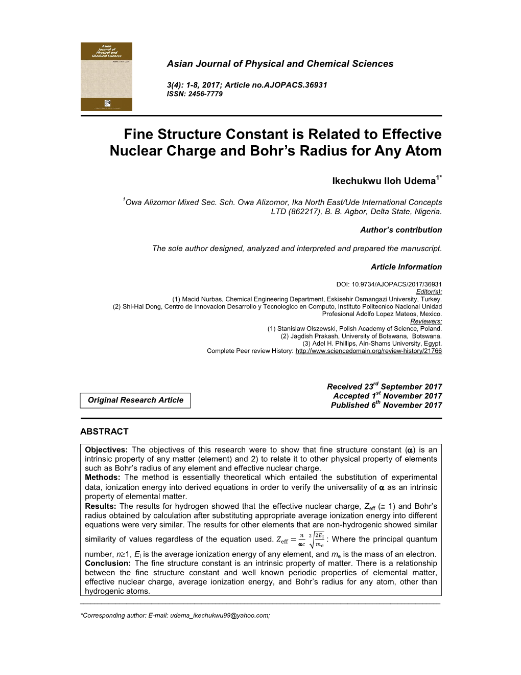 Fine Structure Constant Is Related to Effective Nuclear Charge and Bohr’S Radius for Any Atom