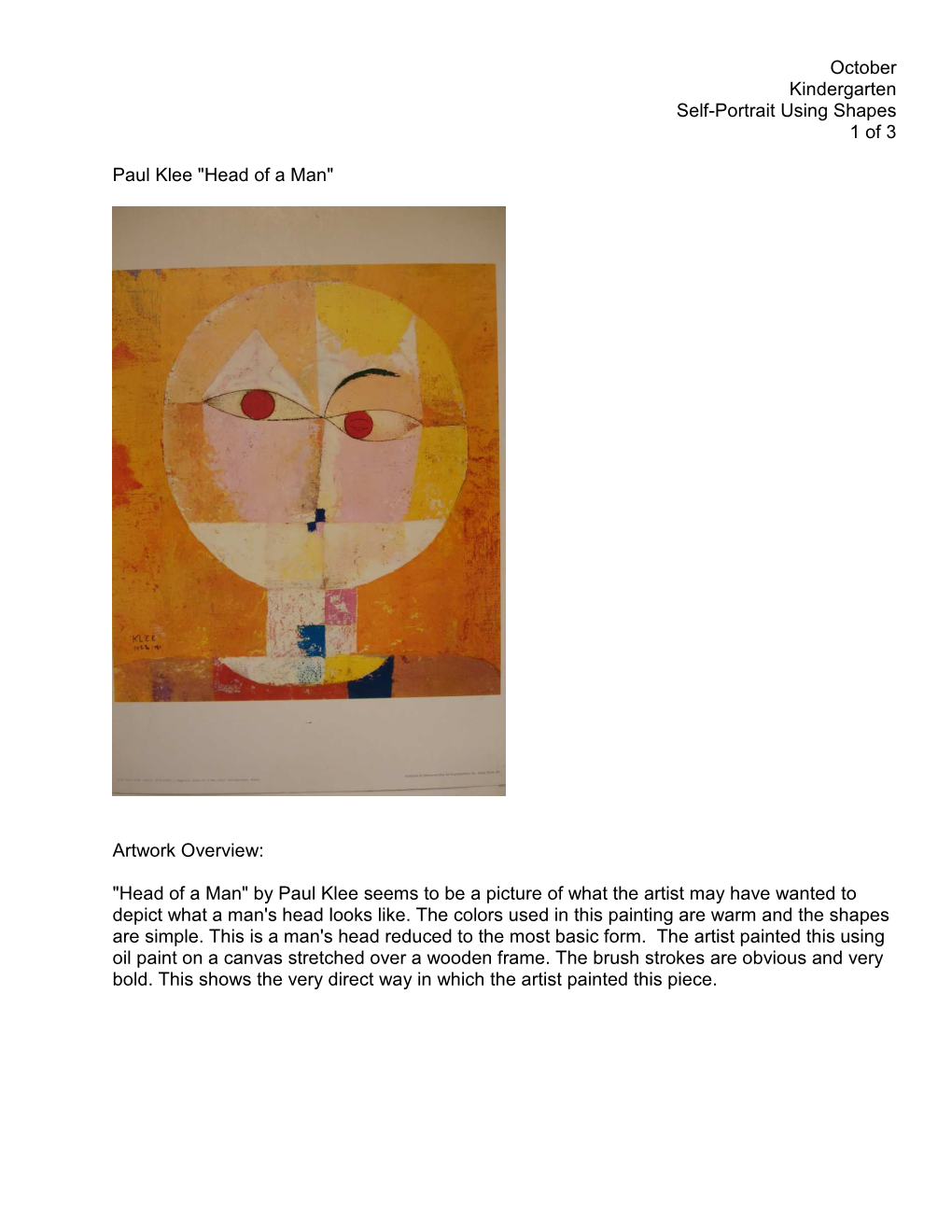 October Kindergarten Self-Portrait Using Shapes 1 of 3 Paul Klee