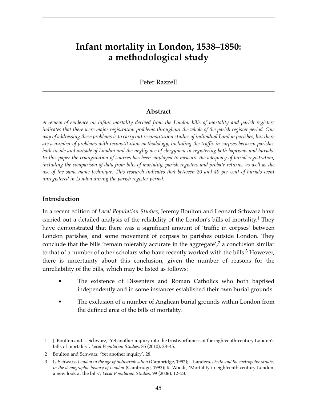 Infant Mortality in London, 1538–1850: a Methodological Study