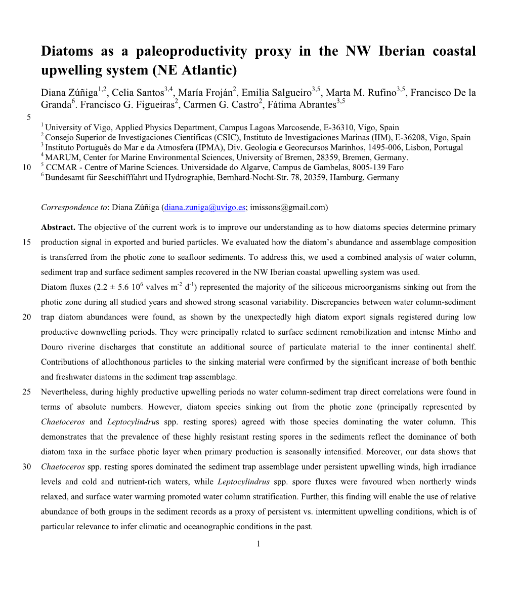 Diatoms As a Paleoproductivity Proxy in the NW Iberian Coastal Upwelling