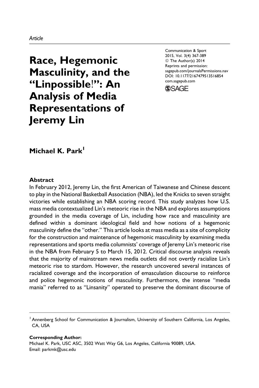 Race, Hegemonic Masculinity, and the ''Linpossible!'': an Analysis Of