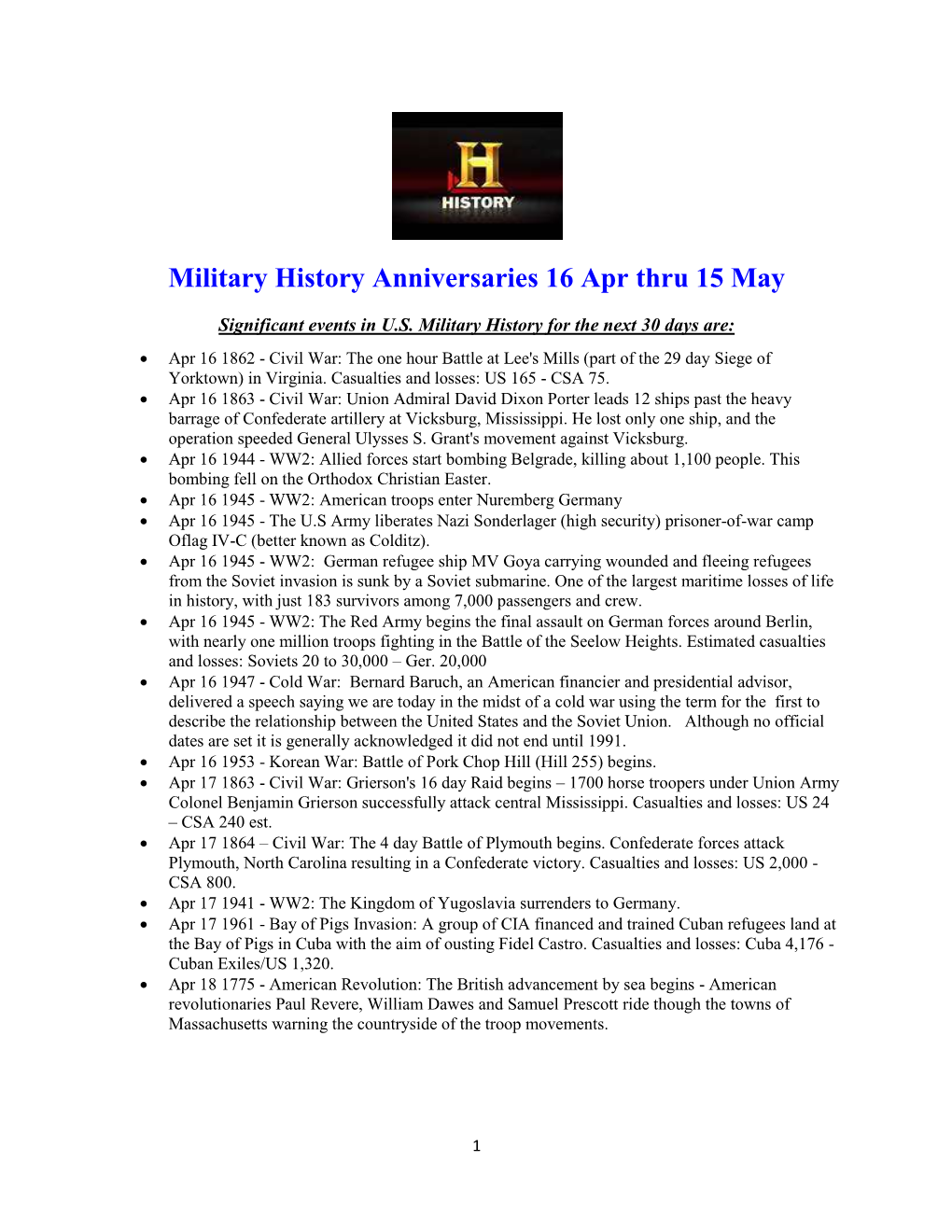 Military History Anniversaries 16 Apr Thru 15 May