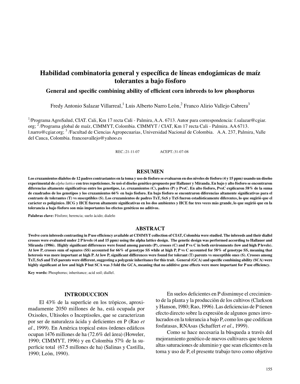 Habilidad Combinatoria General Y Específica De Líneas Endogámicas