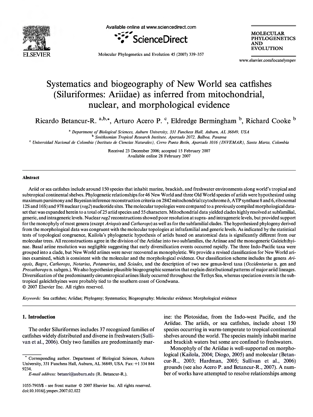 Siluriformes: Ariidae) As Inferred from Mitochondrial, Nuclear, and Morphological Evidence