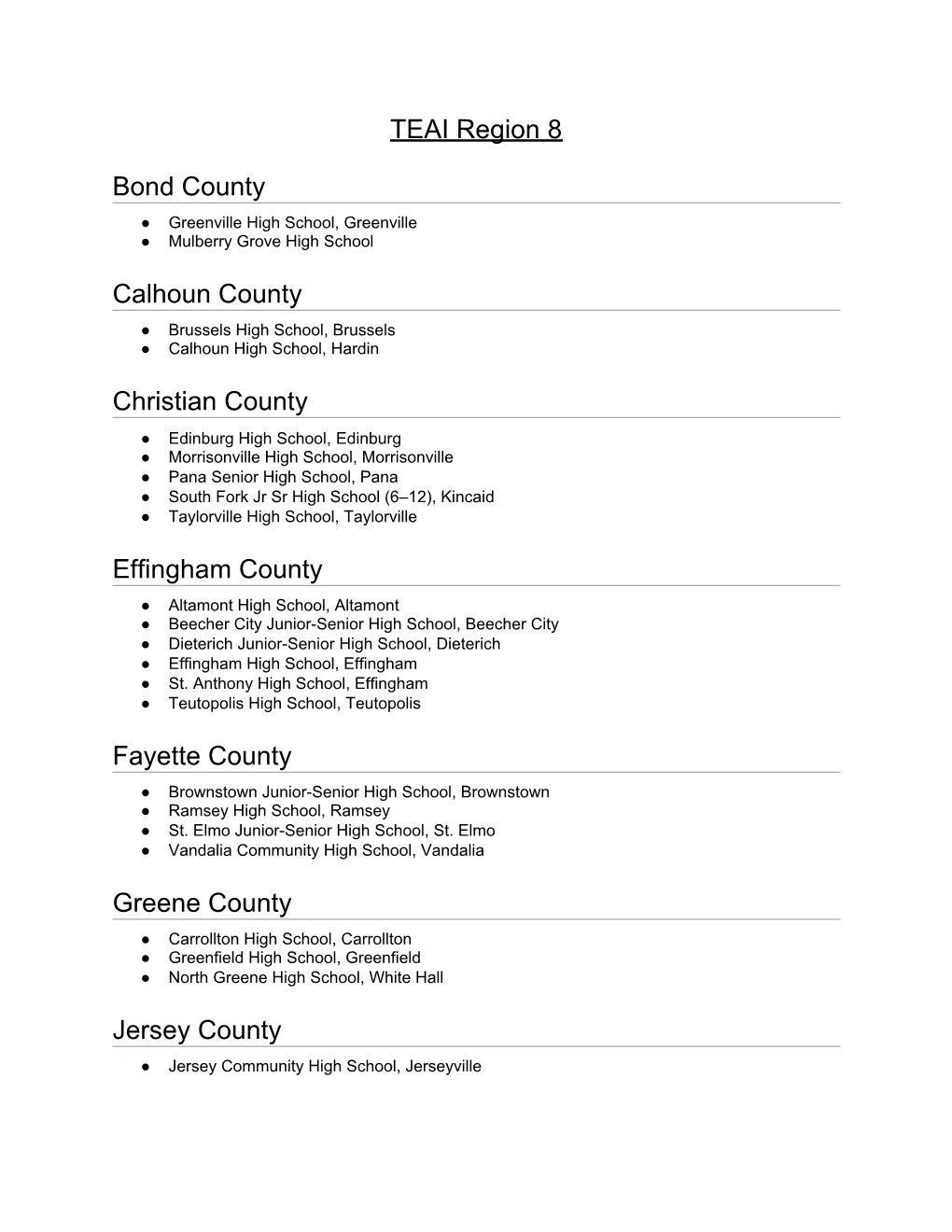 TEAI Region 8 Bond County Calhoun County Christian County