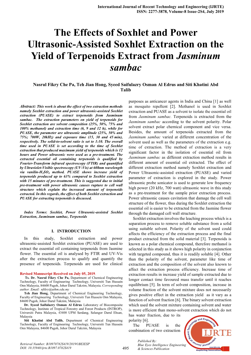 The Effects of Soxhlet and Power Ultrasonic-Assisted Soxhlet Extraction on the Yield of Terpenoids Extract from Jasminum Sambac