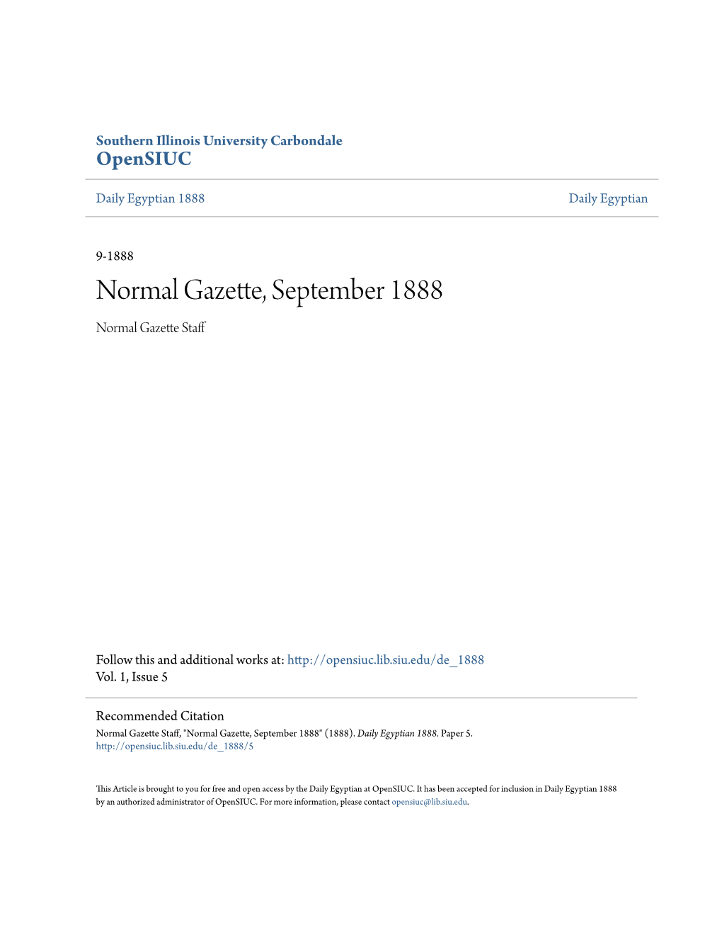 Normal Gazette, September 1888 Normal Gazette Staff