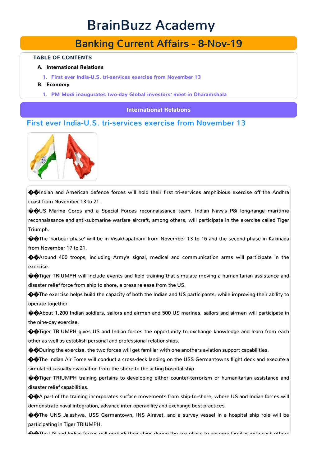 Banking Current Affairs - 8-Nov-19 TABLE of CONTENTS A