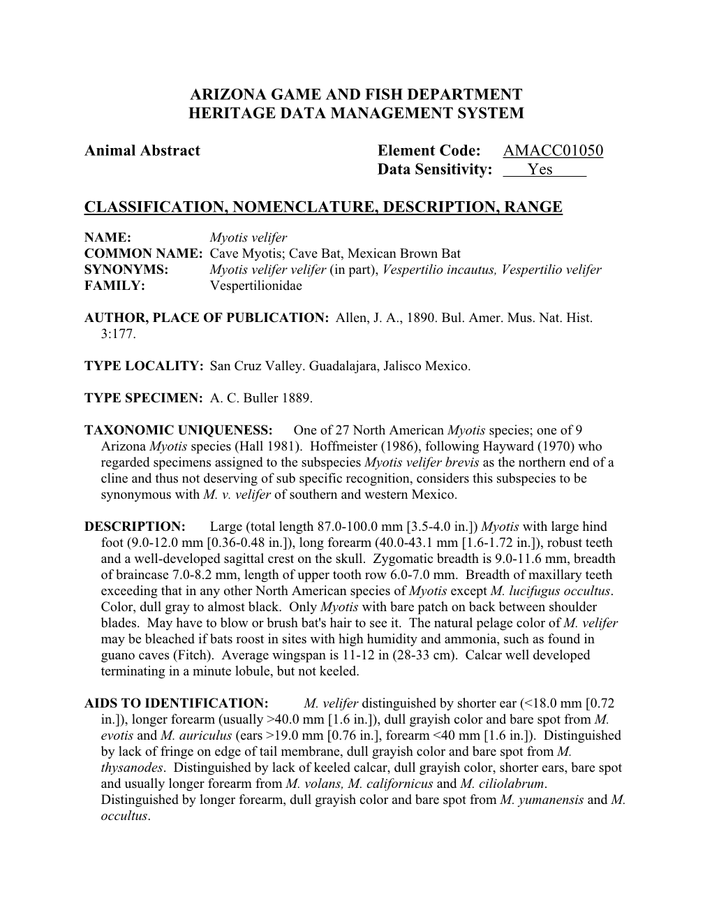 Arizona Game and Fish Department Heritage Data Management System