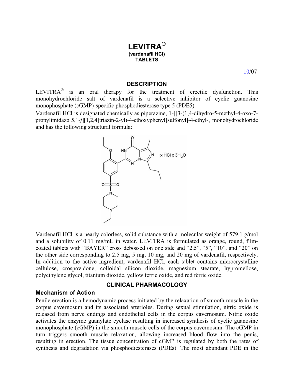 LEVITRA® (Vardenafil Hcl) TABLETS