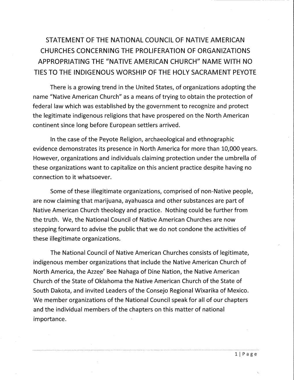 Statement of the National Council of Native American