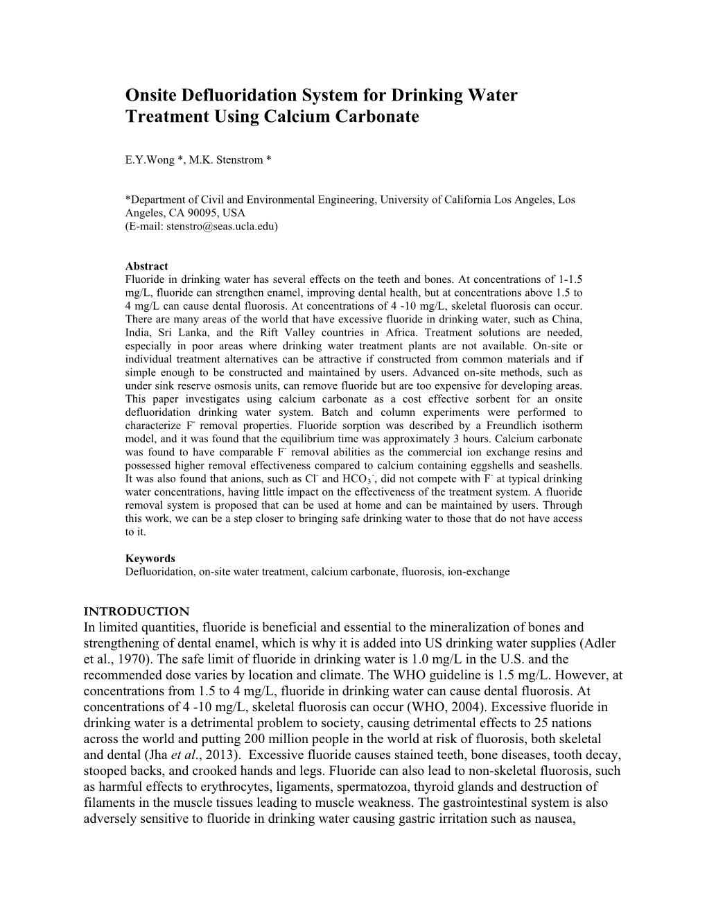 Onsite Defluoridation System for Drinking Water Treatment Using Calcium Carbonate