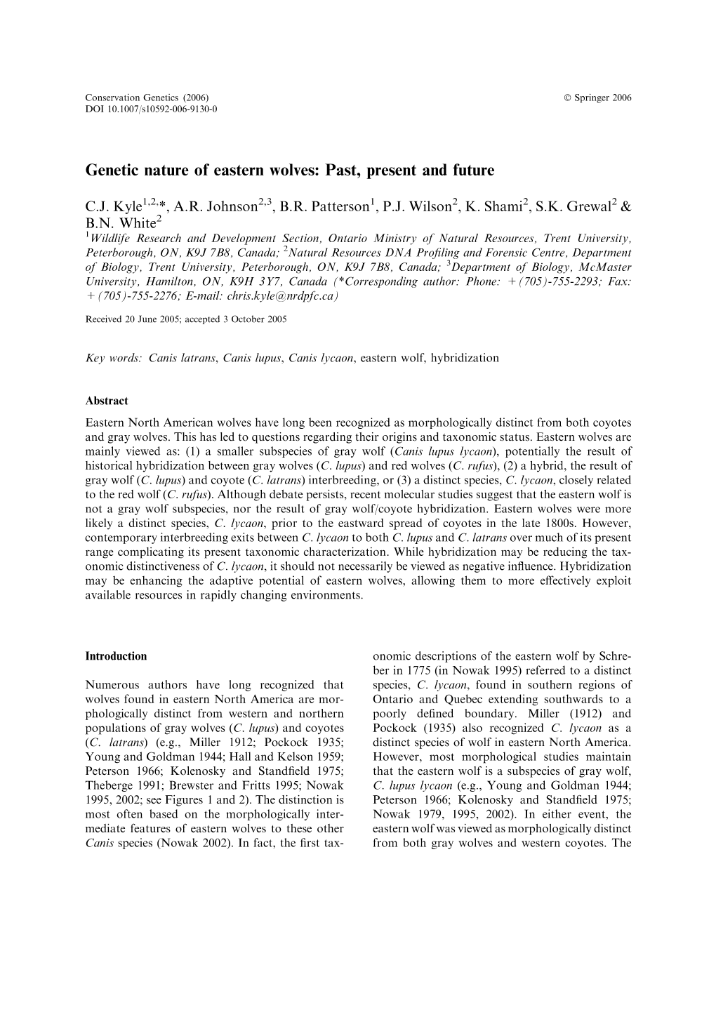 Genetic Nature of Eastern Wolves: Past, Present and Future