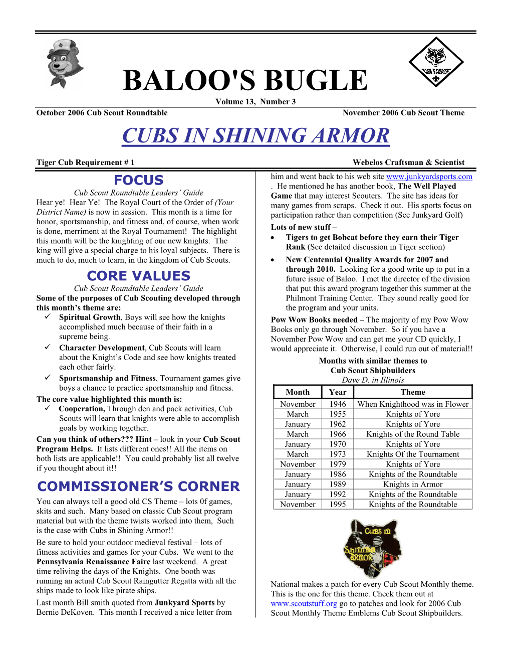 BALOO's BUGLE Volume 13, Number 3 October 2006 Cub Scout Roundtable November 2006 Cub Scout Theme CUBS in SHINING ARMOR