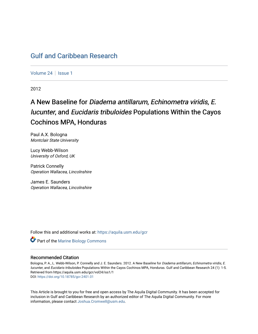A New Baseline for Diadema Antillarum, Echinometra Viridis, E