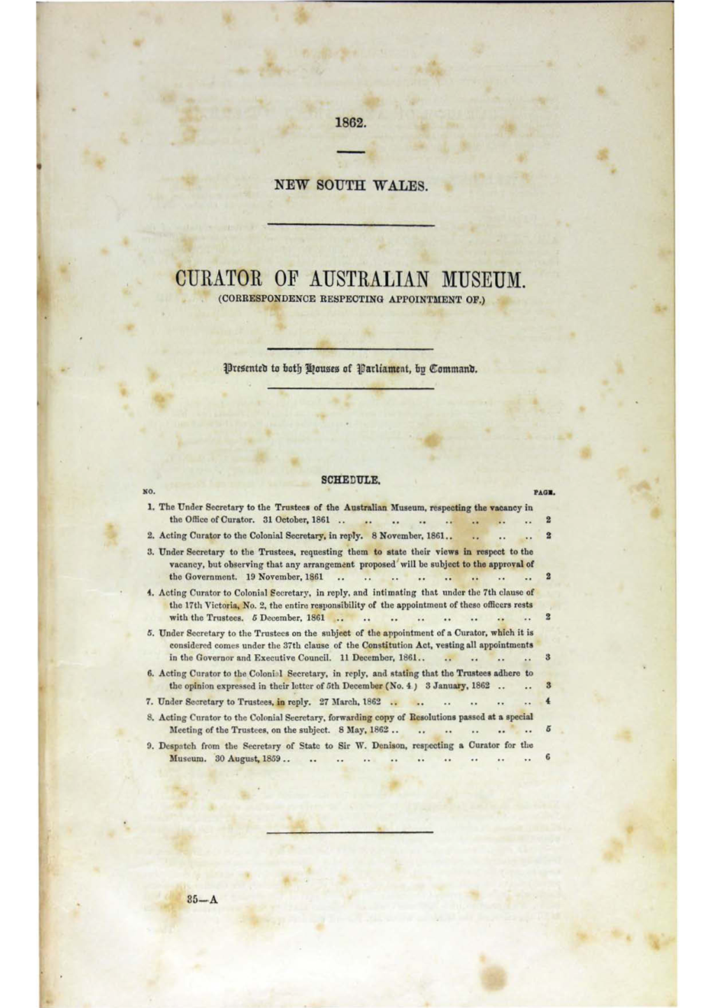 Curator of Australian Museum. (Correspondence Respecting Appoi Ntment Of.)