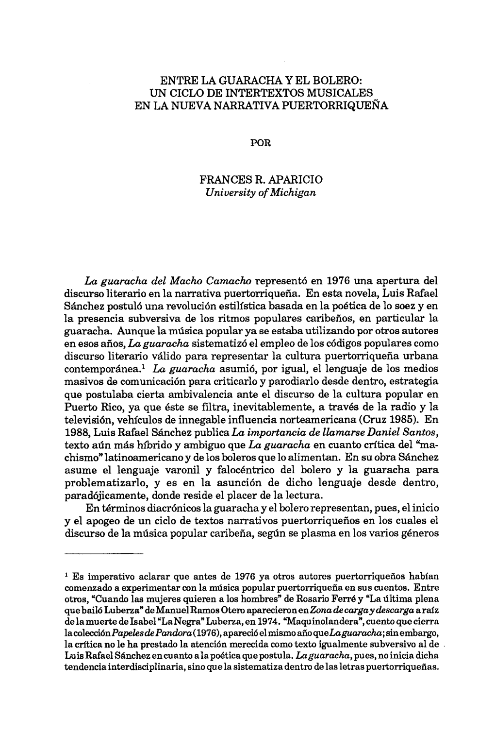 Entre La Guaracha Y El Bolero: Un Ciclo De Intertextos Musicales En La Nueva Narrativa Puertorriquena