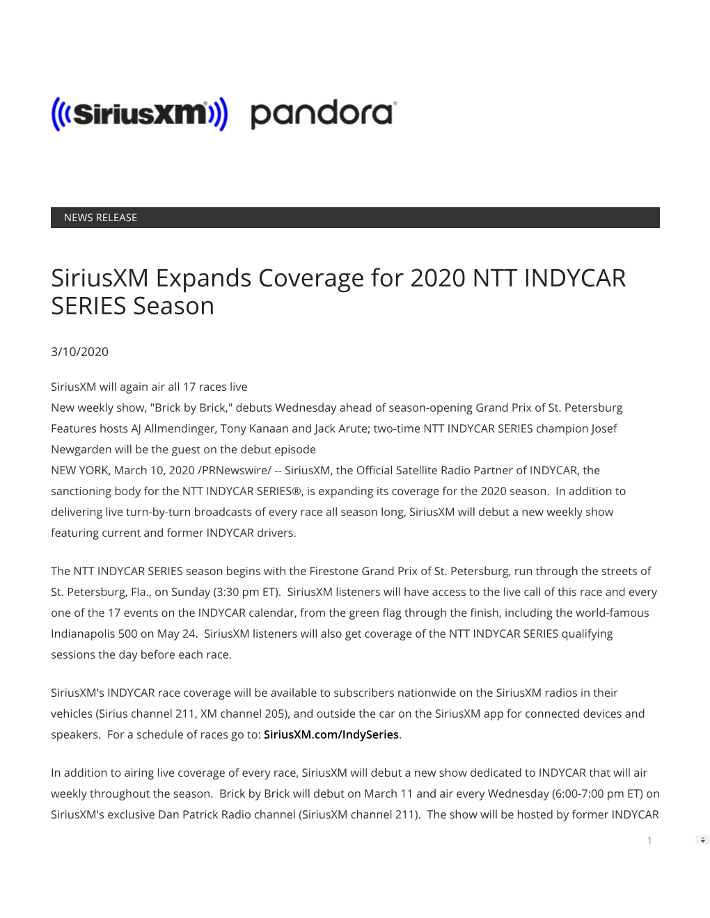 Siriusxm Expands Coverage for 2020 NTT INDYCAR SERIES Season