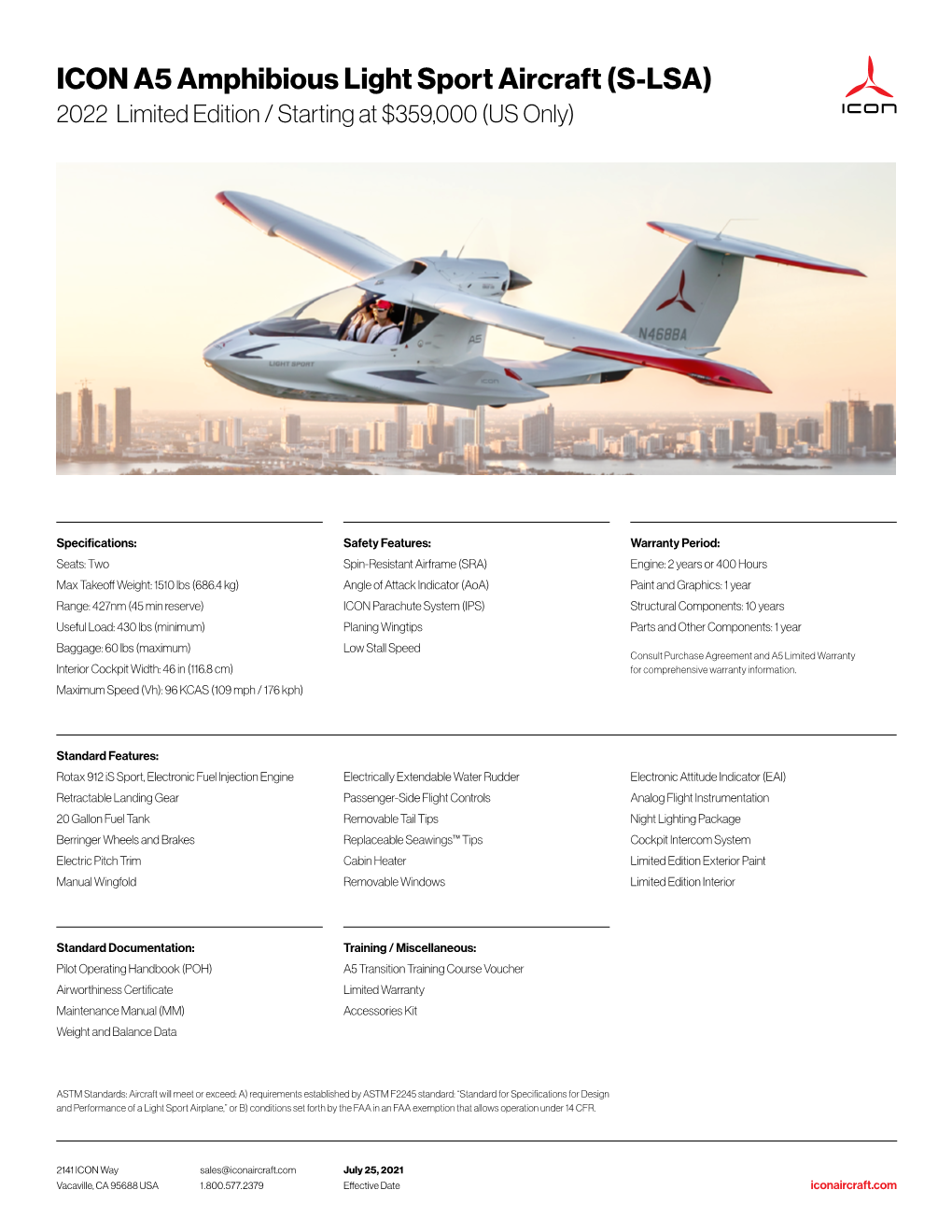 ICON A5 Amphibious Light Sport Aircraft (S-LSA) 2022 Limited Edition / Starting at $359,000 (US Only)