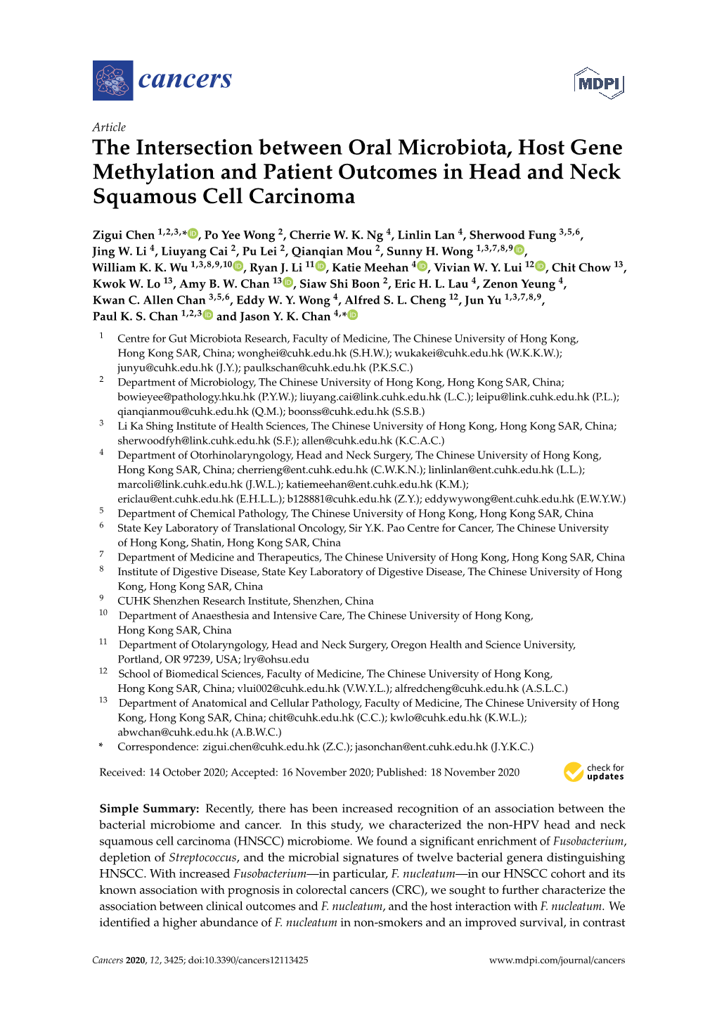 The Intersection Between Oral Microbiota, Host Gene Methylation and Patient Outcomes in Head and Neck Squamous Cell Carcinoma