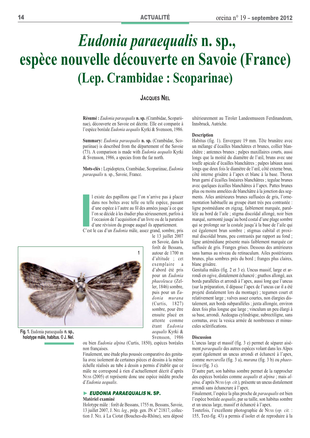 Eudonia Paraequalis N. Sp., Espèce Nouvelle Découverte En Savoie (France) (Lep