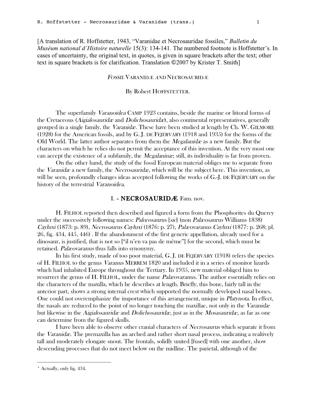 A Translation of R. Hoffstetter, 1943, “Varanidae Et Necrosauridae Fossiles,” Bulletin Du Muséum National D’Histoire Naturelle 15(3): 134-141