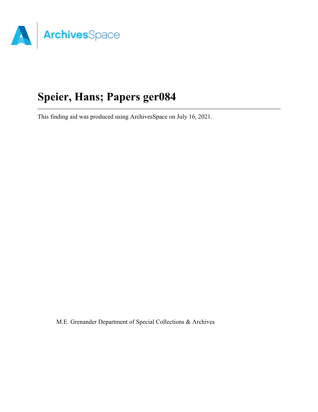 Speier, Hans; Papers Ger084