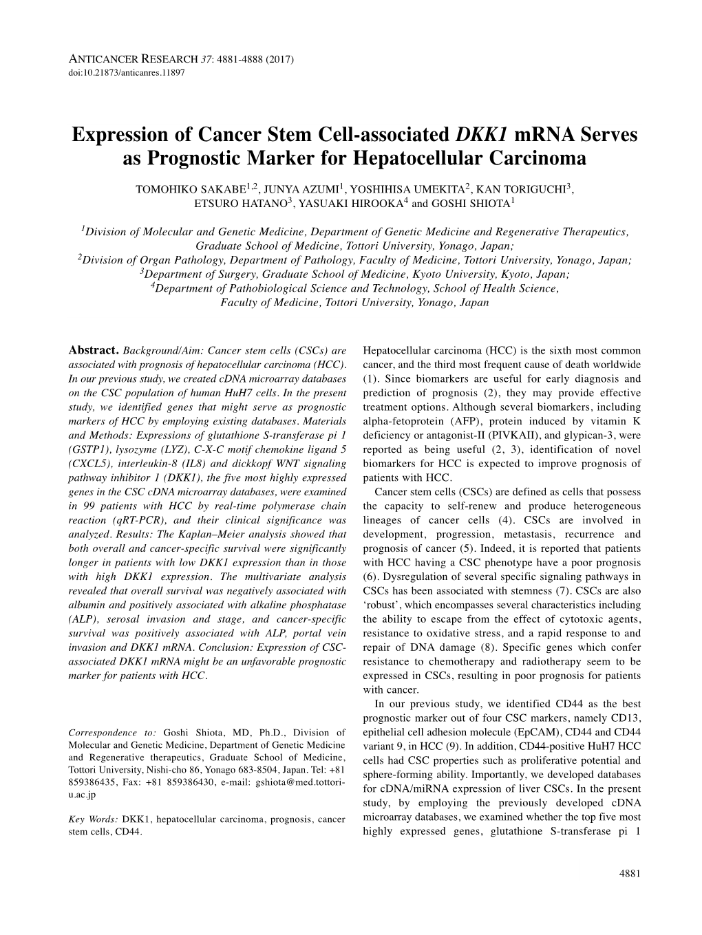 Expression of Cancer Stem Cell-Associated DKK1 Mrna