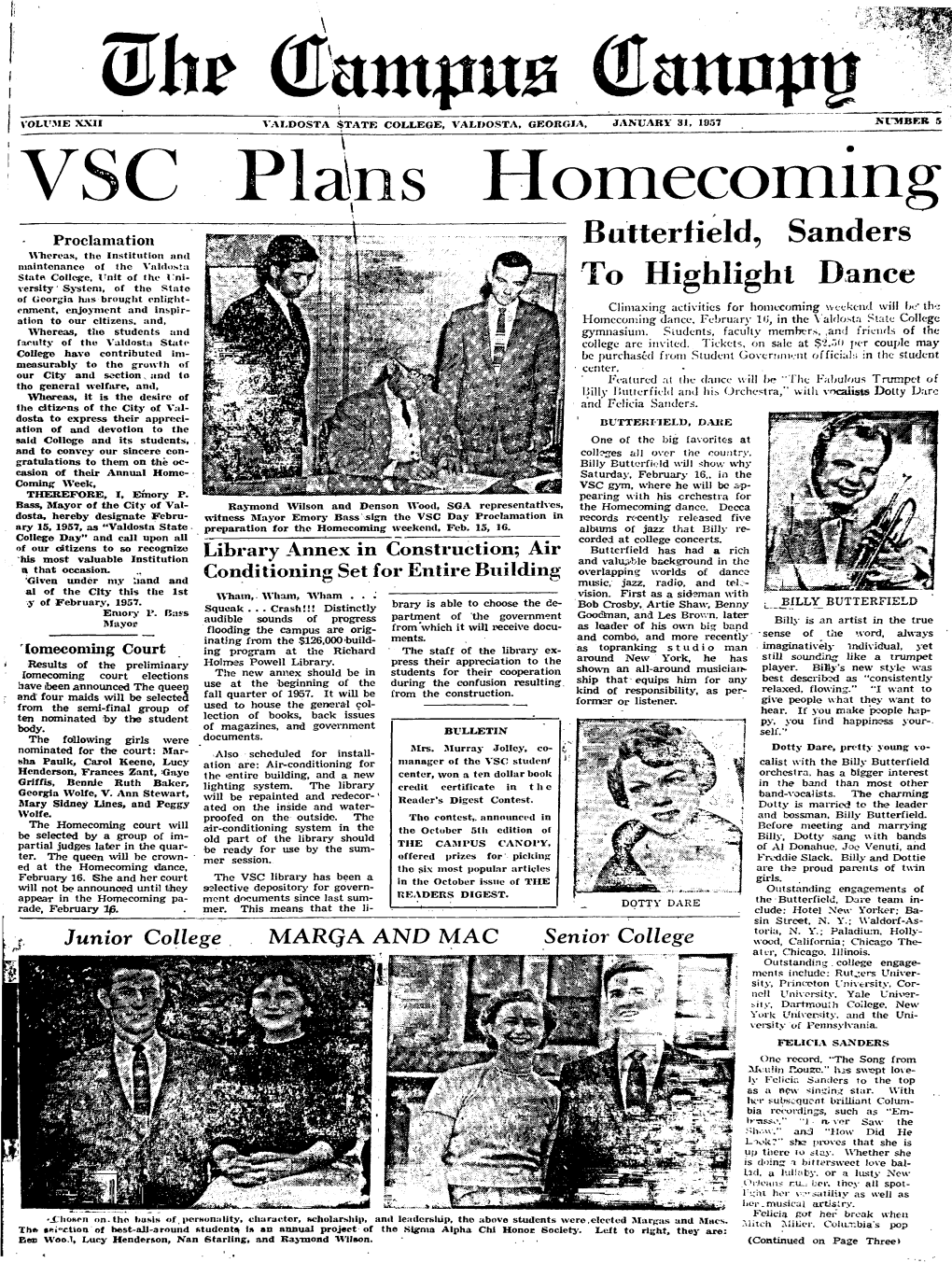 VSC Plains Homecoming Proclamatioit Butterfield, Sanders %%Ticreas, the Institution and Maintenance of Ihe Vaidosta State Coifcge