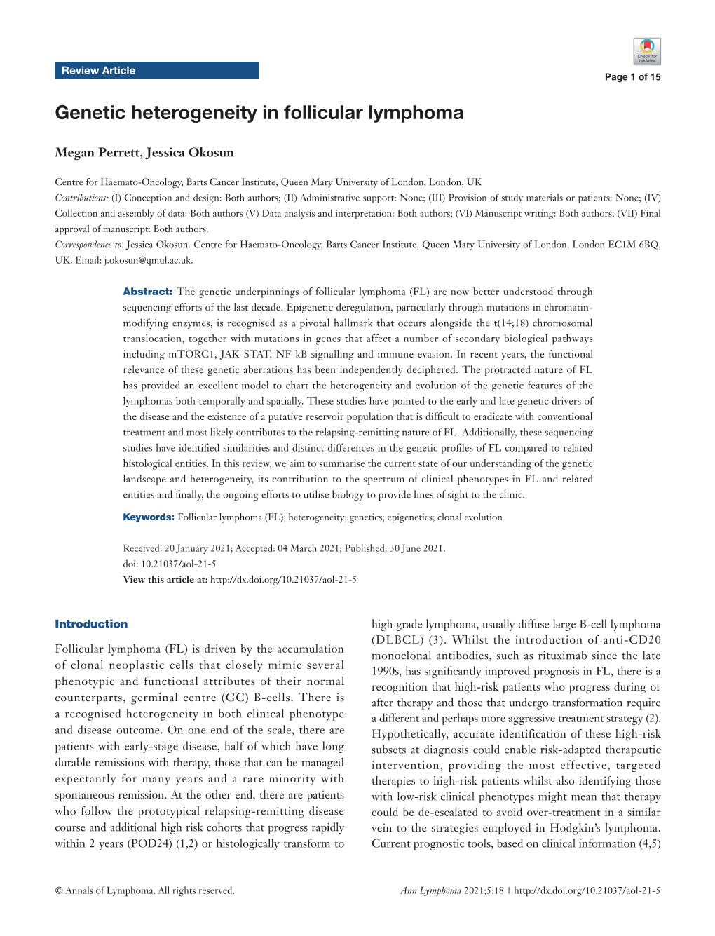 Genetic Heterogeneity in Follicular Lymphoma